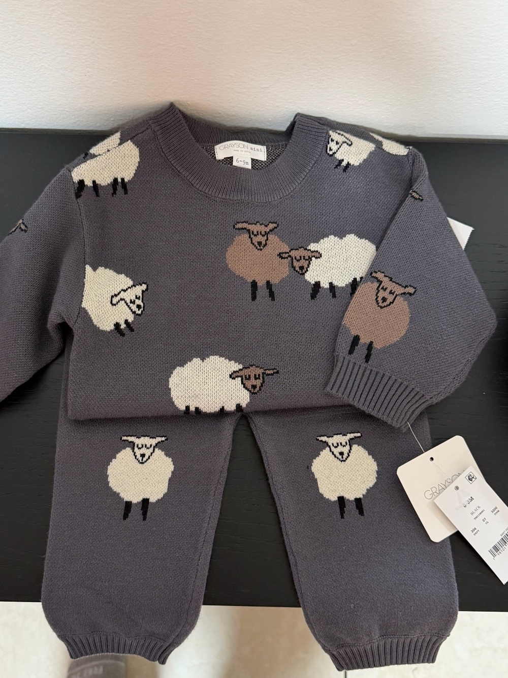 NWT Grayson Mini Charcoal Knit Sheep Sweater & Pants Set - Cream and Tan Accents